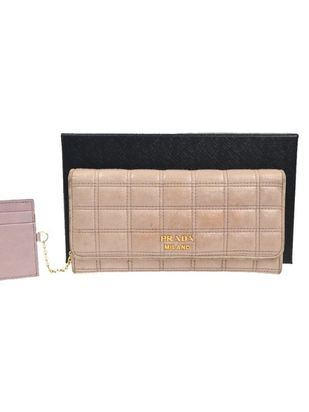 PRADA Logo Bifold Flap Long Wallet Quilted Leather Pink Beige GHW Italy 01KD035